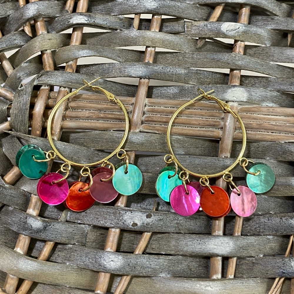 NEW Gold Hoop Multi Charm Earrings, approximately 1”
